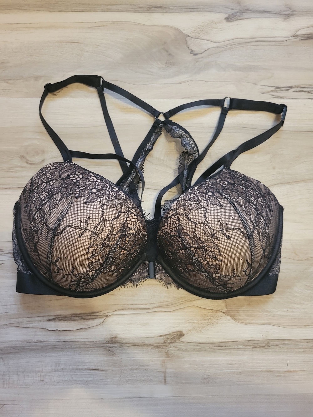 Black Lace Push-Up Bra with Strappy Detail